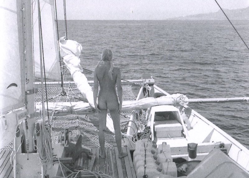 Sailing in the West Indies aboard the third ocean-going double-canoe James designed and built for himself, the 52-foot Tehini